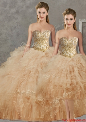 Wonderful Big Puffy Champagne Detachable Quinceanera Dresses with Beading and Ruffles