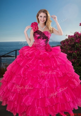 Pretty One Shoulder Quinceanera Gown with Ruffled Layers and Handmade Flowers