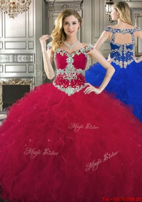 Discount Off the Shoulder Cap Sleeves Beaded Quinceanera Gown in Wine Red