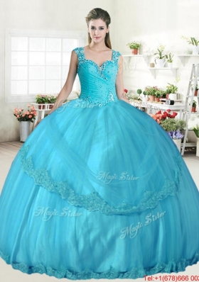Elegant Straps Aqua Blue Quinceanera Gown with Beading and Appliques
