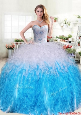 Latest Beaded and Ruffled Blue and White Sweet 16 Dress in Organza