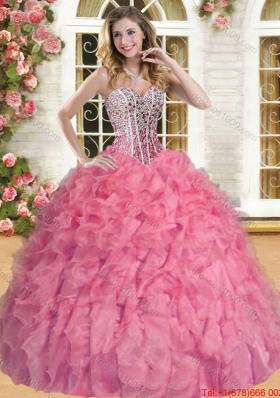 Romantic Organza Beaded and Ruffled Quinceanera Dress in Coral Red