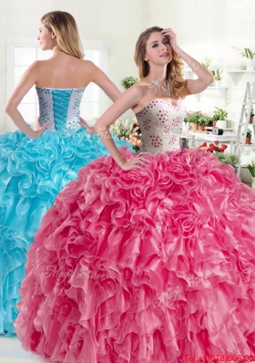 Luxurious Beaded and Ruffled Hot Pink Quinceanera Dress in Organza