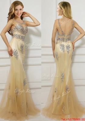 Latest Scoop Cap Sleeves Beaded Evening Dress in Champagne