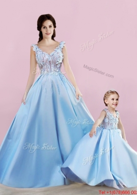 Romantic Deep V Neckline Baby Blue Evening Dress with Appliques and Best Selling V Neck Little Girl Dress in Satin