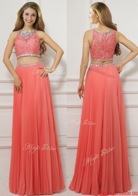 Two Piece Scoop Watermelon Red Evening Dress with Beading