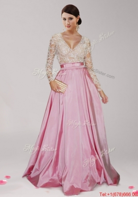 Best Deep V Neckline Long Sleeves Pink Evening Dress with Beading and Belt