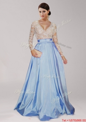 Exclusive Beaded and Belted Deep V Neckline Evening Dress in Taffeta