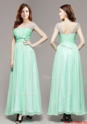 Perfect V Neck Cap Sleeves Beaded Evening Dress in Apple Green for Spring