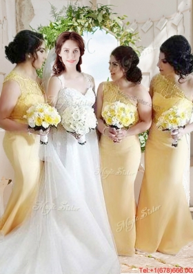 See Through One Shoulder Laced and Belted Evening Dress in Yellow