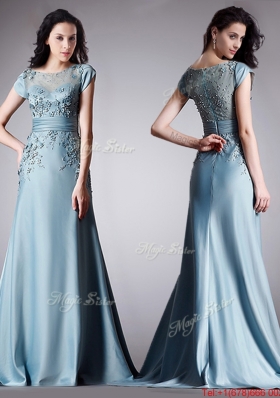 See Through Scoop Cap Sleeves Brush Train Evening Dress with Appliques