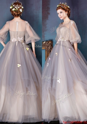 See Through Scoop Half Sleeves Applique Evening Dress in Grey