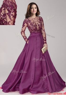 See Through Scoop Long Sleeves Beaded Evening Dress with Brush Train