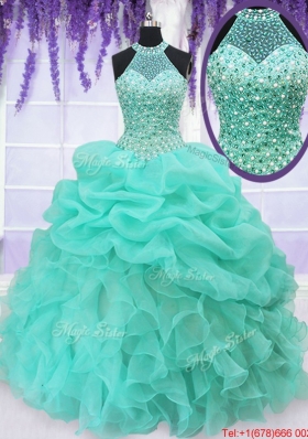 Elegant Beaded Decorated Halter Top and Bodice Quinceanera Dress with Ruffles