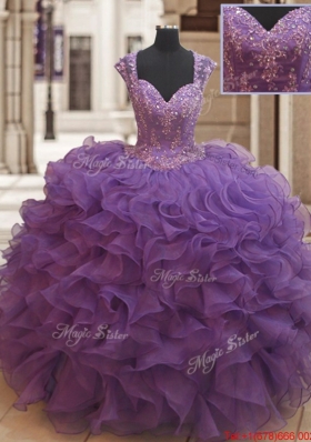 Latest See Through Back Beaded Ruffled Quinceanera Dress with Cap Sleeves