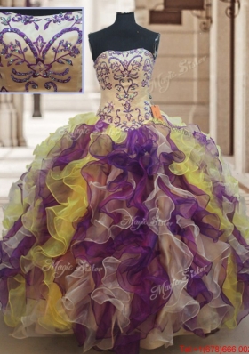 Popular Strapless Rainbow Colored Quinceanera Dress with Beading and Ruffles