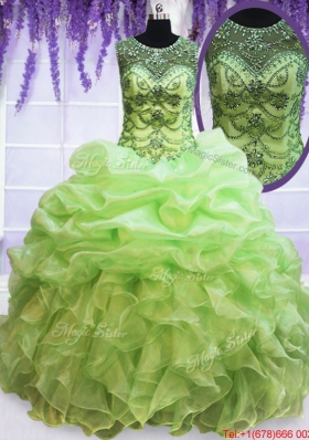 Wonderful See Through Scoop Beaded Bubble Quinceanera Dress in Spring Green