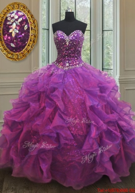 Beautiful Puffy Skirt Beaded and Sequined Purple Sweet 16 Dress with Ruffles