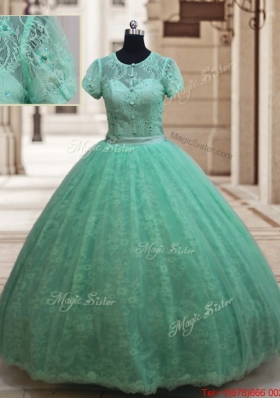 New Style Scoop Zipper Up Laced Quinceanera Dress with Short Sleeves