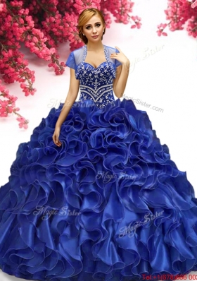 Discount Royal Blue Organza Quinceanera Dress with Beading and Ruffles