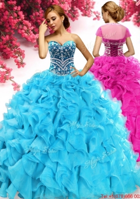 Fashionable Aqua Blue Organza Quinceanera Dress with Beading and Ruffles