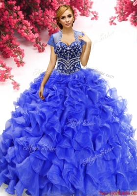 Modest Big Puffy Royal Blue Quinceanera Dress with Beading and Ruffles