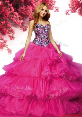 Modest Fuchsia Organza Quinceanera Dress with Ruffled Layers and Beading