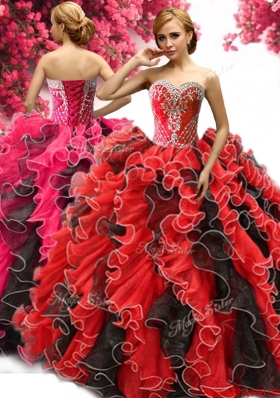 New Style Beaded and Ruffled Quinceanera Dress in Red and Black