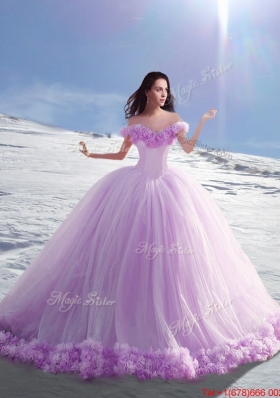 Popular Off the Shoulder Hand Made Flowers Sweet 16 Dresses in Lilac
