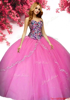 Sweet Beaded and Applique Tulle Quinceanera Dress in Hot Pink