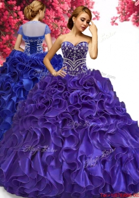 Wonderful Beaded and Ruffled Organza Quinceanera Dress in Purple