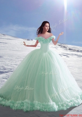 Perfect Off the Shoulder Cap Sleeves Apple Green Quinceanera Dress with Hand Made Flowers