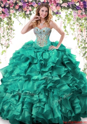Best Selling Beaded and Ruffled Organza Quinceanera Gown in Turquoise
