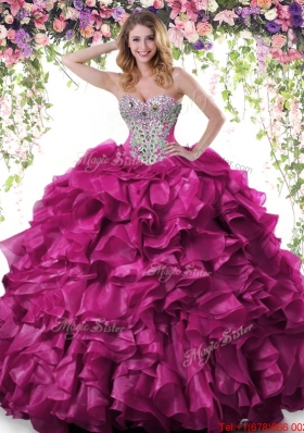 Discount Ball Gown Fuchsia Quinceanera Dress with Beading and Ruffles