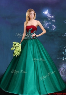 Latest A Line Strapless Applique Quinceanera Gown in Dark Green