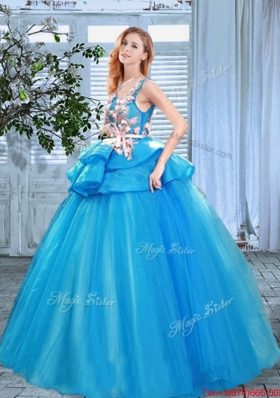 New Arrivals Scoop Applique and Handcrafted Flowers Quinceanera Gown in Blue