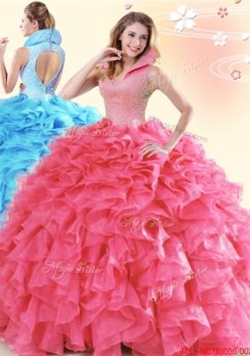 Perfect High Neck Ruffled and Beaded Coral Red Quinceanera Dress in Organza