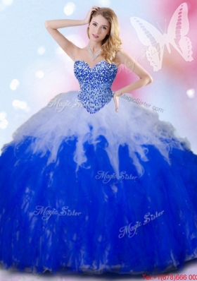 Simple Beaded and Ruffled White and Royal Blue Quinceanera Dress in Tulle