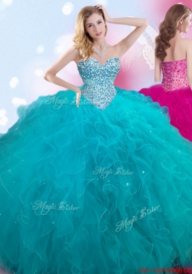 Wonderful Big Puffy Beaded and Ruffled Teal Quinceanera Dress