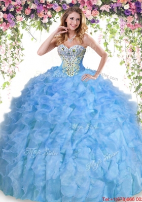 Cheap Organza Beaded and Ruffled Quinceanera Dress in Baby Blue