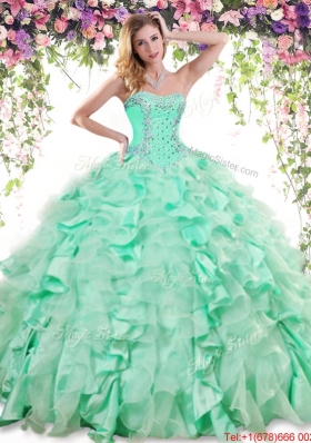 Classical Beaded and Ruffled Apple Green Sweet 16 Dress in Organza