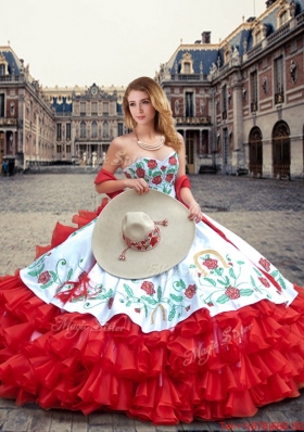 Luxurious White and Red Quinceanera Dresses with Ruffled Layers and Embroidery