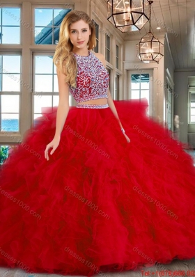Exquisite Brush Train Ruffled Beaded Bodice Red Quinceanera Dress in Tulle