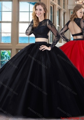 Puffy Scoop Tulle Appliques Backless Long Sleeves Two Piece Quinceanera Dresses in Red