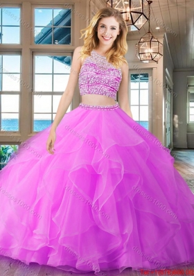 Simple Open Back See Through Scoop Beaded Bodice and Ruffled Quinceanera Gown