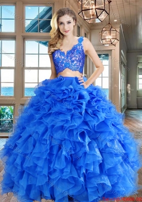 Wonderful Zipper Up Organza Blue Quinceanera Dress with Ruffles and Lace