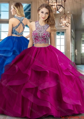 Beautiful Two Piece Brush Train Fuchsia Quinceanera Dress with Criss Cross