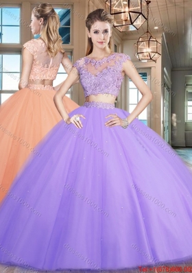 Luxurious Zipper Up Cap Sleeves Lavender Sweet 16 Dress with Beading and Appliques