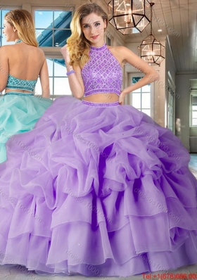 Most Popular Two Piece Lavender Brush Train Quinceanera Dress with Beading and Bubbles