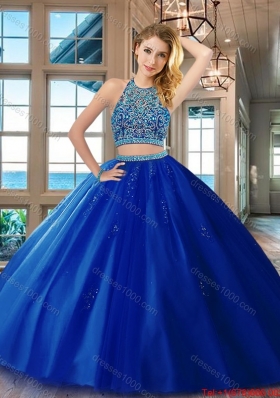 New Style Beaded Bodice Brush Train Scoop Quinceanera Dress in Royal Blue